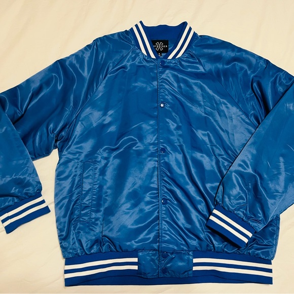 Royal Blue Satin Bomber Jacket with Ribbed Accents - Picture 1 of 8